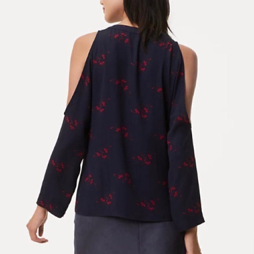 Loft Navy Blue Red Leaf Print Tie Neck Cold Shoulder Long Sleeve Top Medium